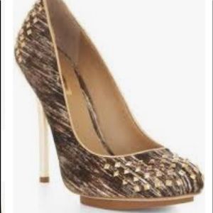 BCBG Max Azria  gold metallic heel pumps calf  hair fur leather shoes